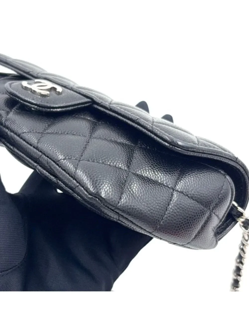Chanel Quilted Eyewear Case Caviar Leather Black Chain Shoulder Bag Silver